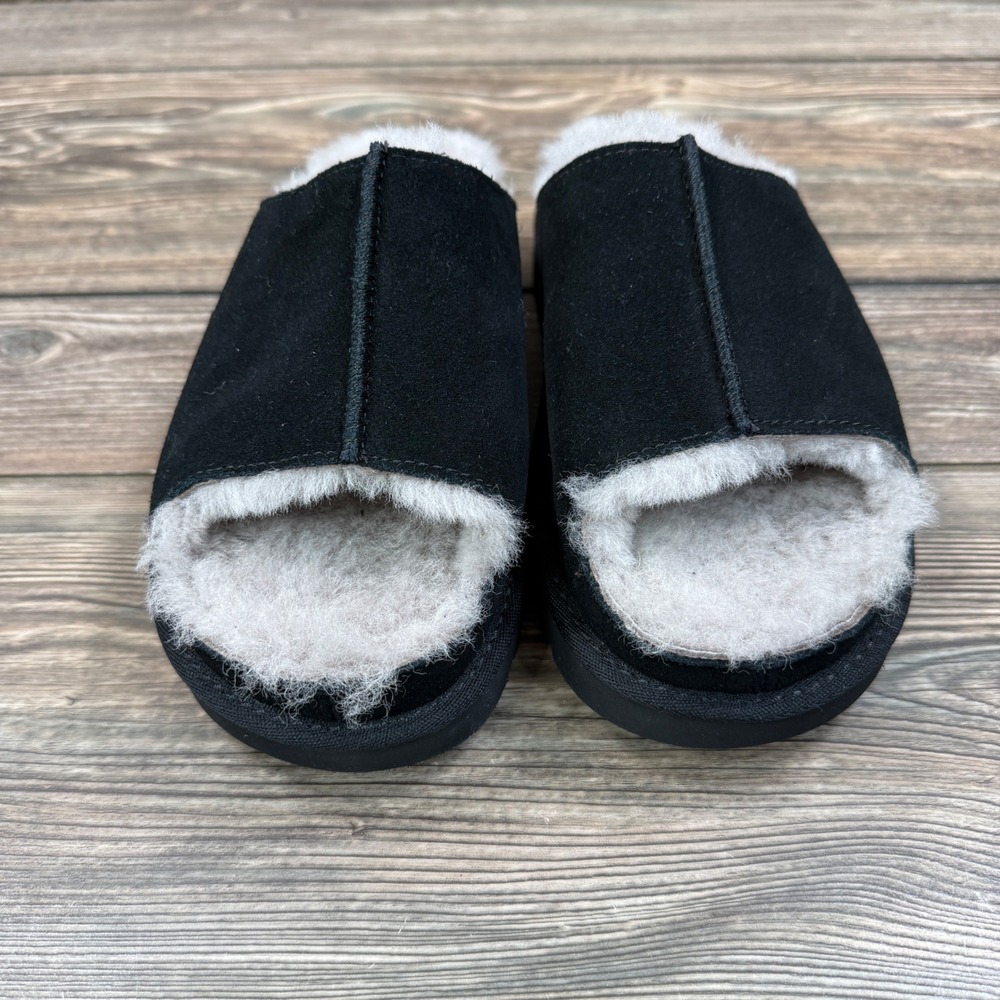 UGG Womens Size 6 Greenport Slide Slippers Black Suede Sheepskin NEW - Picture 1 of 7